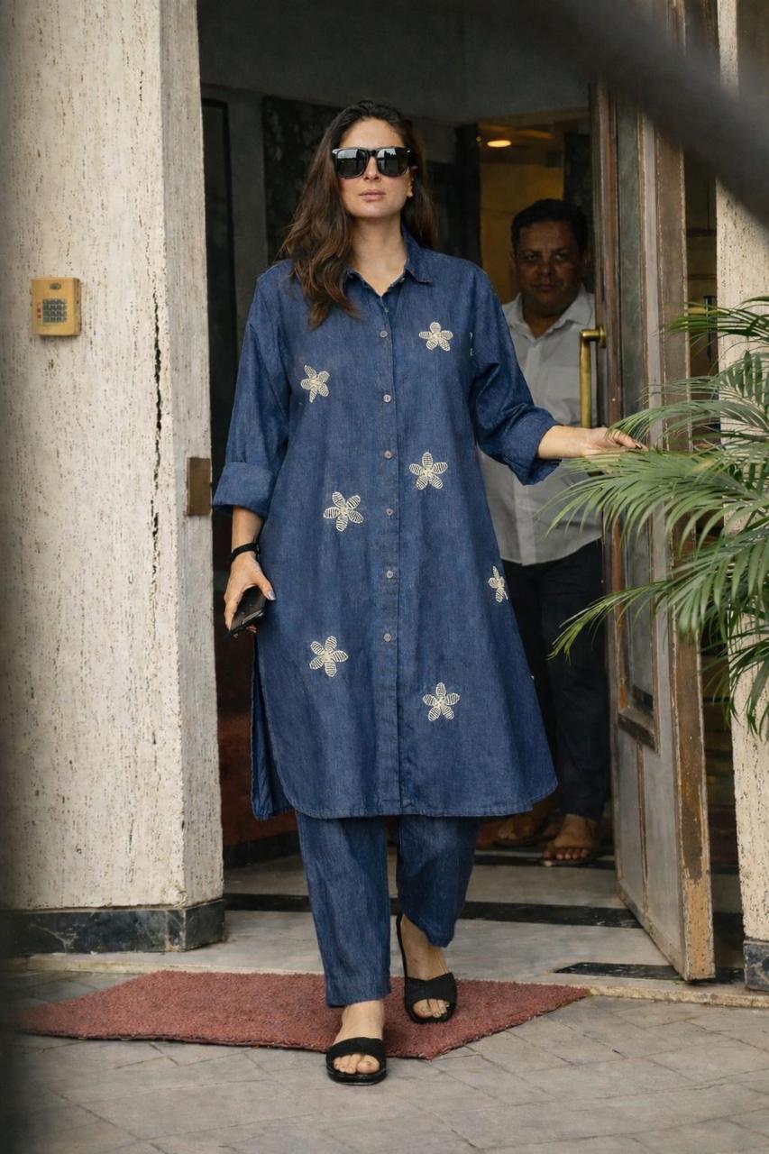 Luxury denim soft cotton embroidered co ord blue