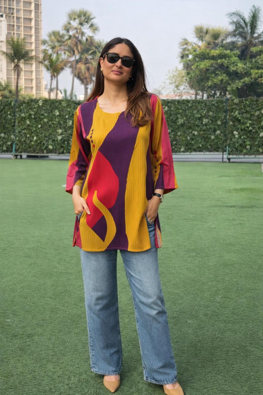 Designer abstract printed top in lensilk silk
