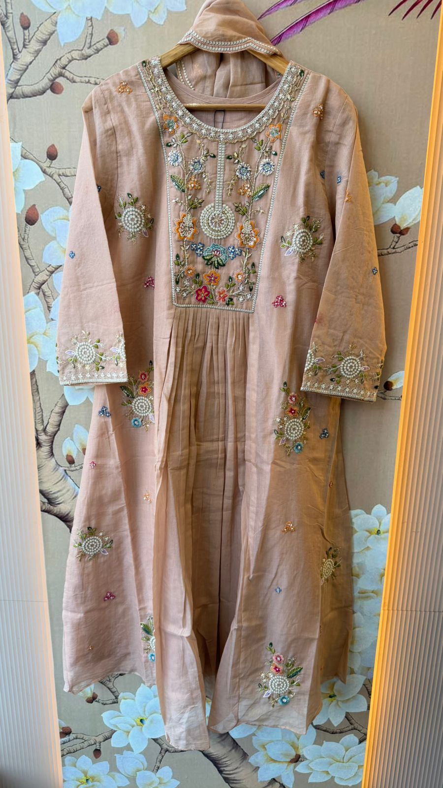 Premium Mul chanderi with heavy hand work full suit set in blush pink