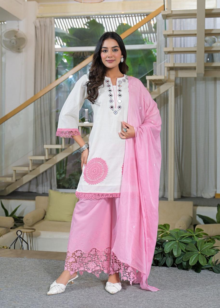 Designer shifli pants paired with a cotton dupatta with Mul lining and real mirror hand work suit set