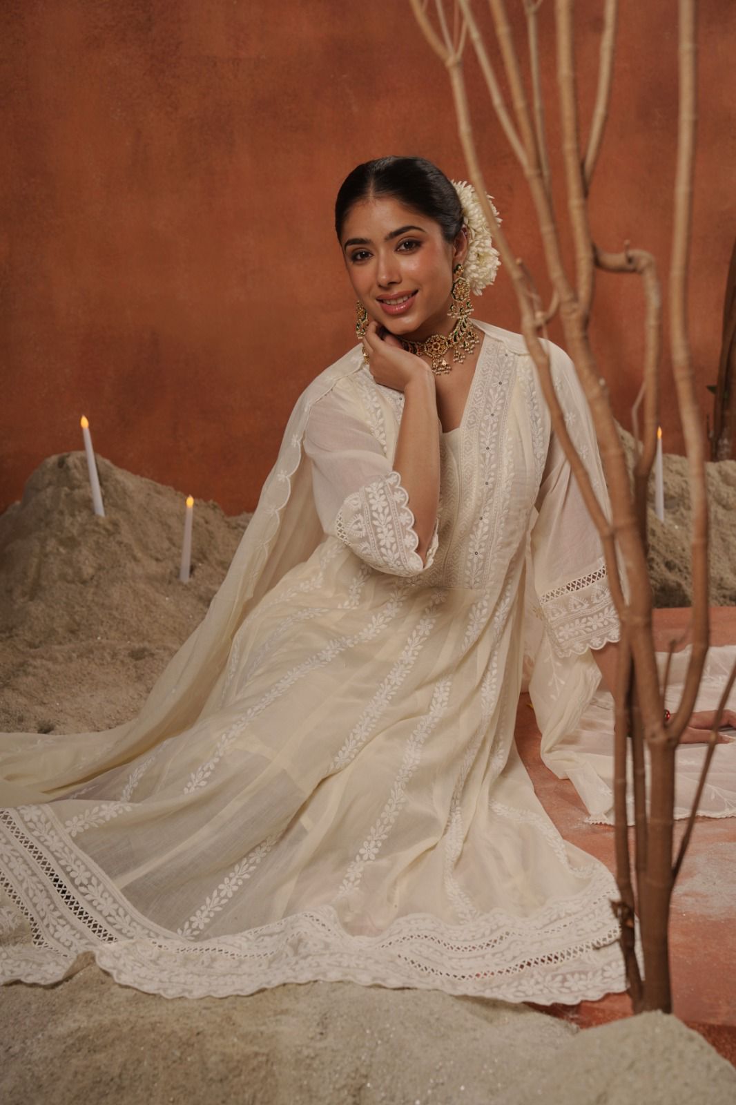 Pure Mul cotton chikankari Anarkali full set