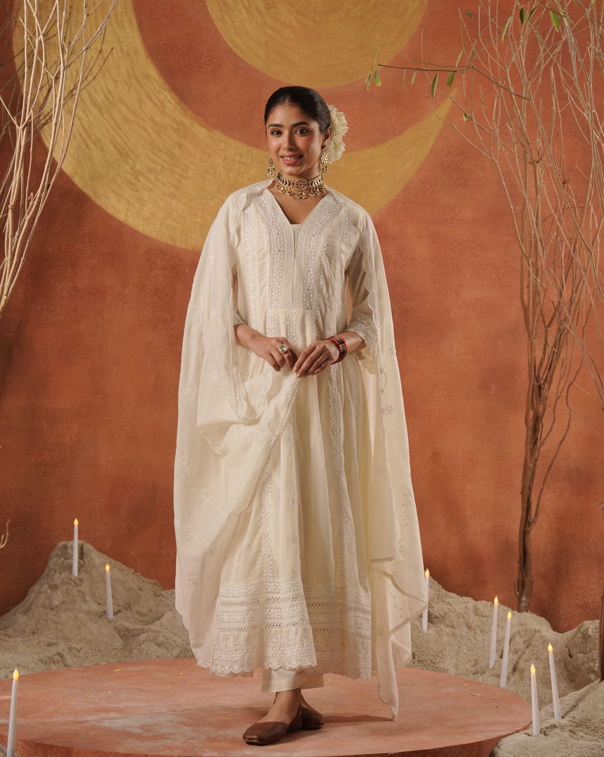 Pure Mul cotton chikankari Anarkali full set