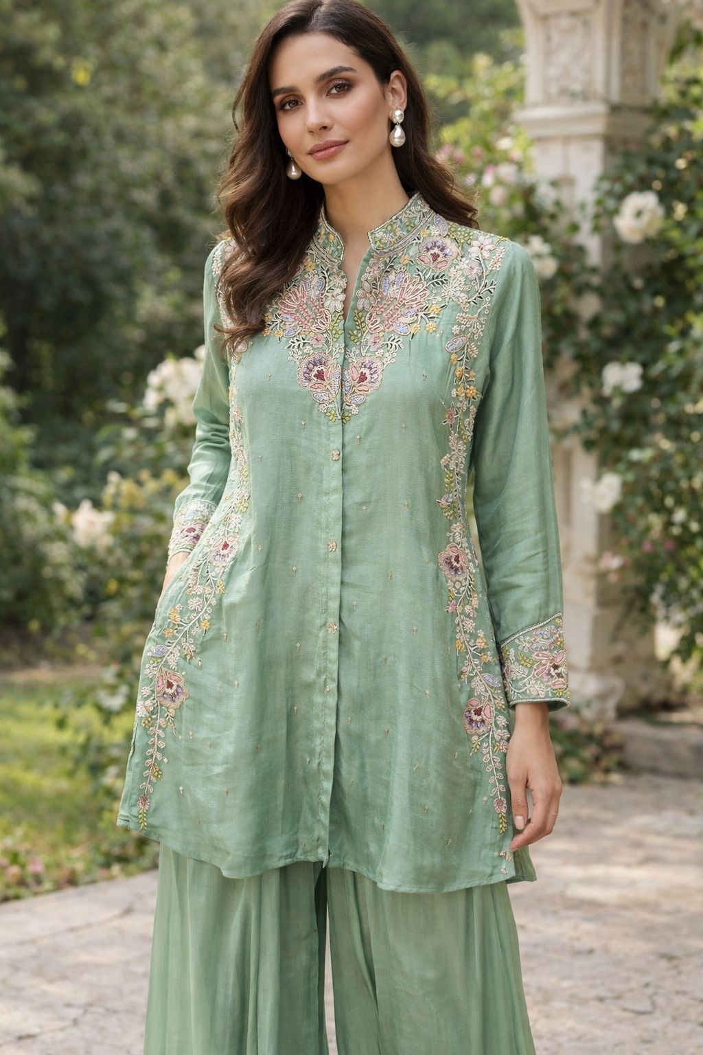 Premium chinon beautiful hand embroidered Co ord set