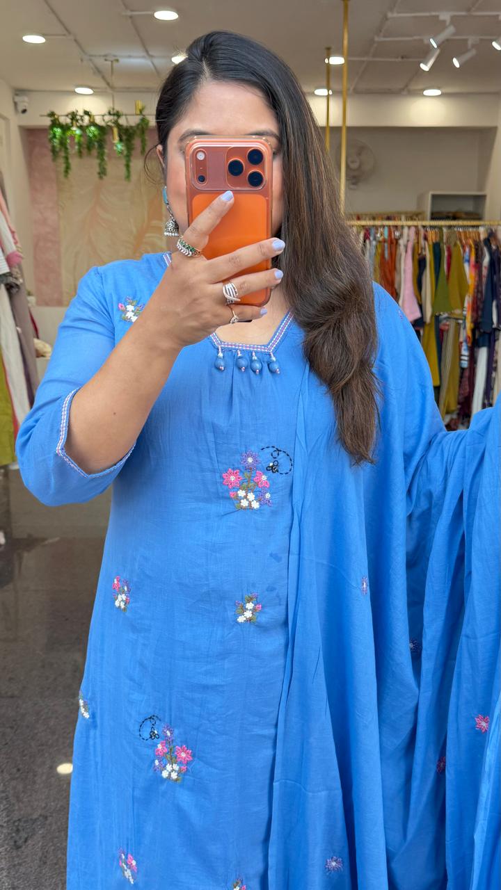 Pretty Mul cotton lining fully embroidered suit set in blue