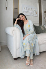 Textured cotton beautifuly embroidered in gorgeous powder blue