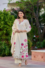 Pretty Dobby cotton applique work full suit set in cream