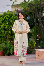 Pretty Dobby cotton applique work full suit set in cream