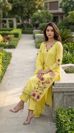Pretty Dobby cotton applique work full suit set in yellow