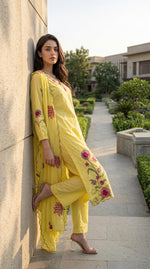 Pretty Dobby cotton applique work full suit set in yellow