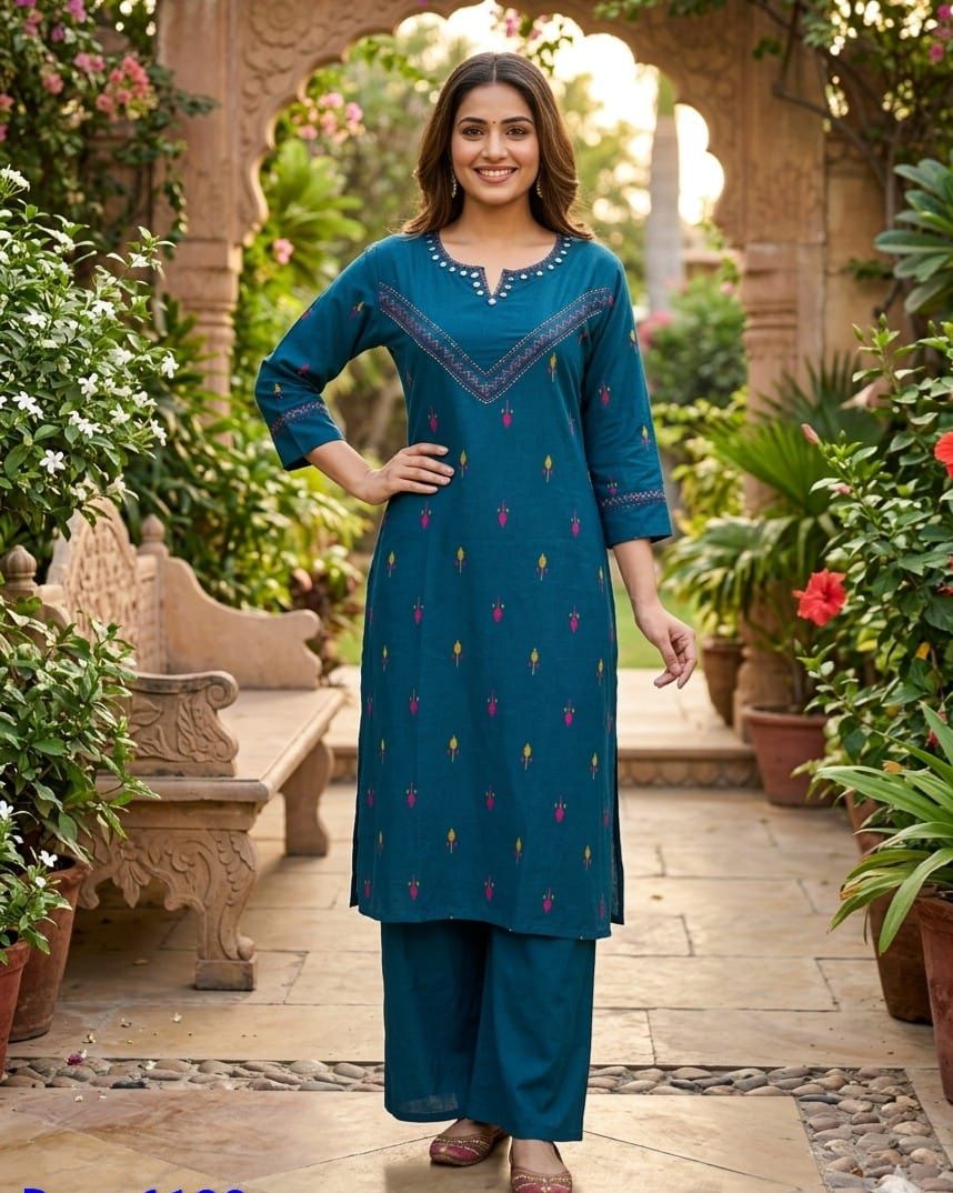 Fully weaved cotton real mirror kurta pant in blue