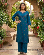 Fully weaved cotton real mirror kurta pant in blue