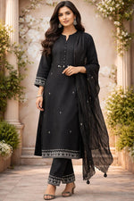 Premium embroidered cotton suit set in black with highlighted pockets