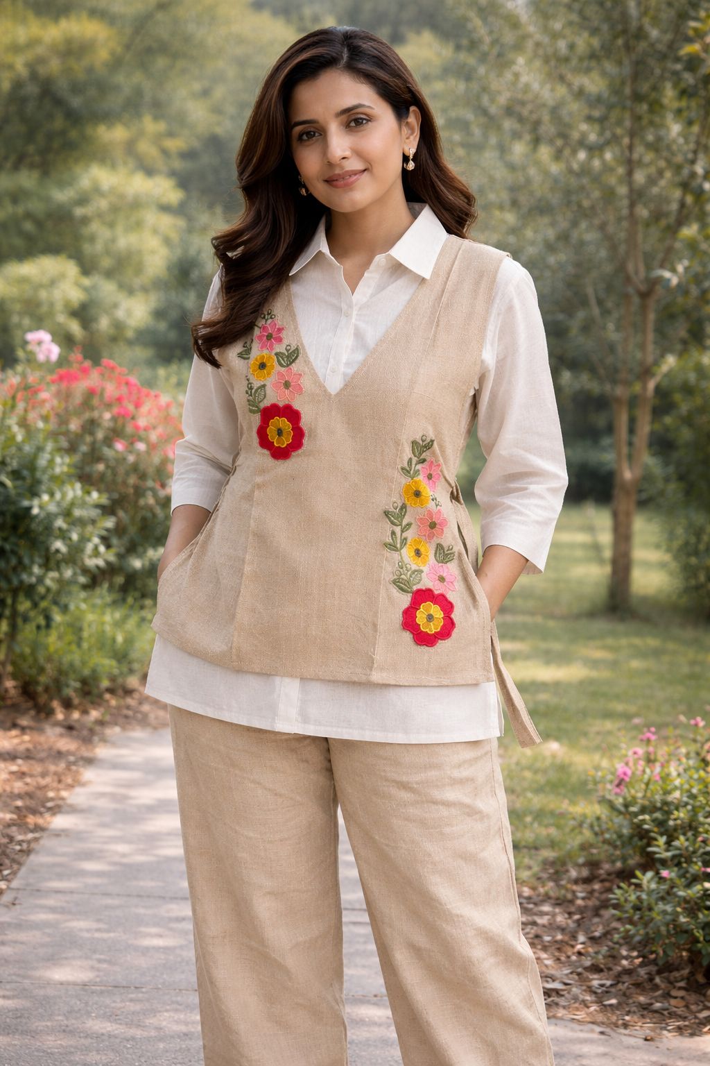 Super smart applique work jute co ord paired with a beautiful applique work shrug