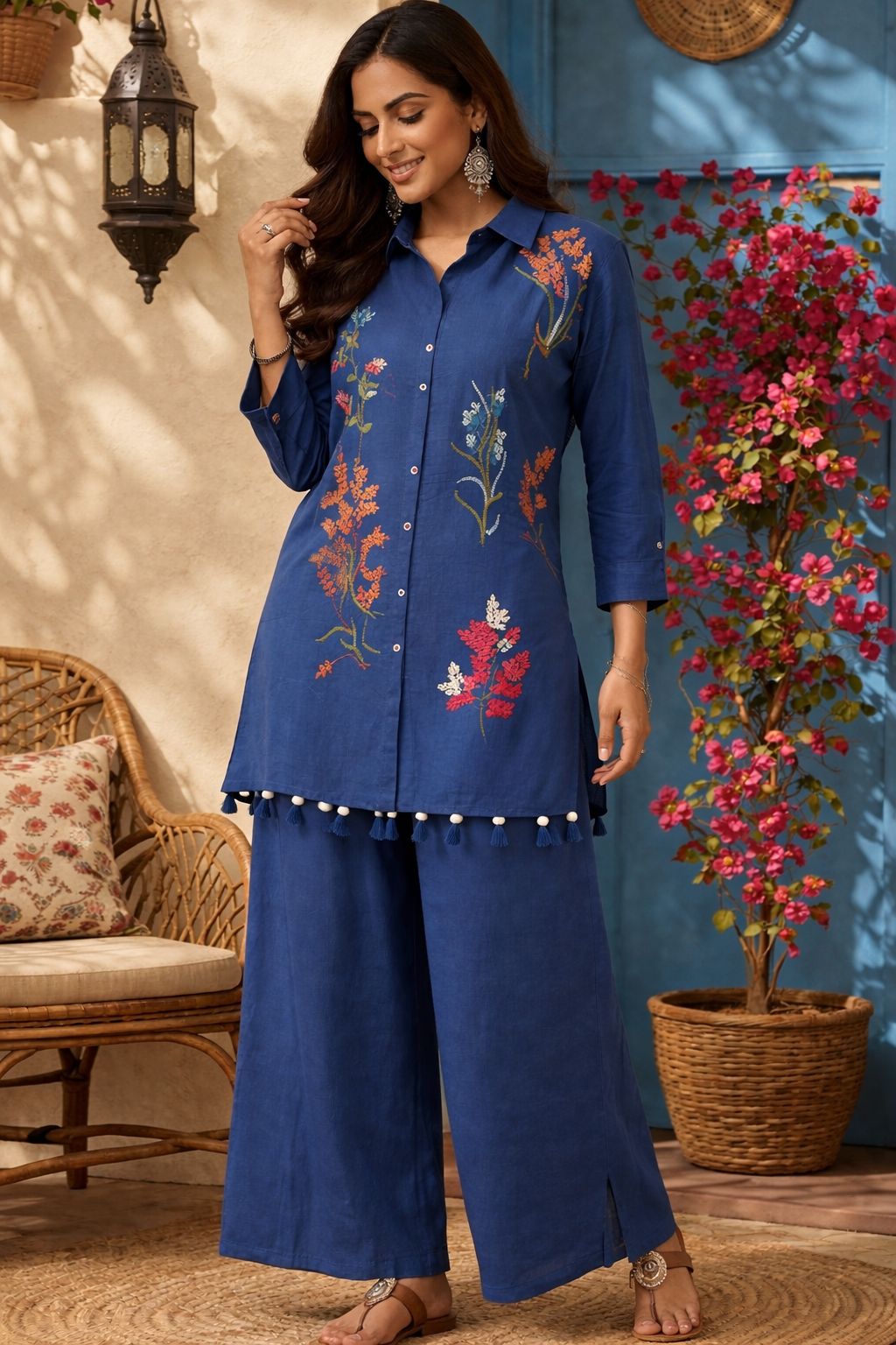 Beautiful mulchandri embroidered cord set with shell detailing in navy blue