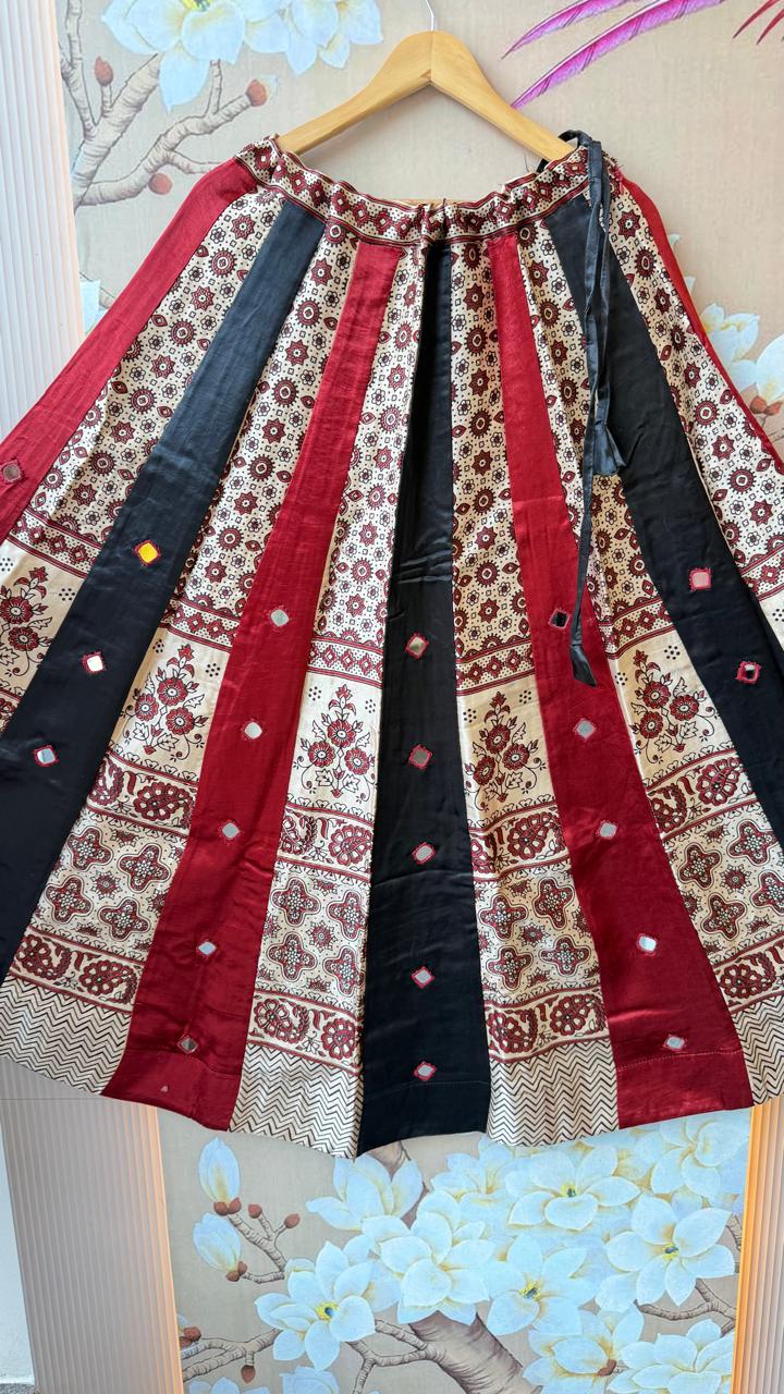 Super pretty gaji silk ajrakh skirt red n black with mirror