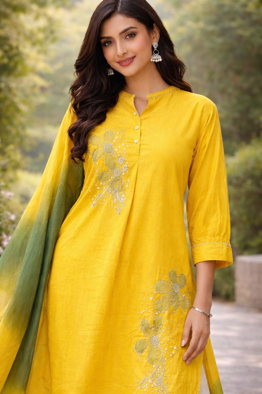 Applique work cotton full suit set in ombré effect in most viral colour