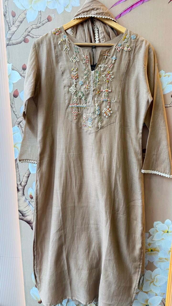 Premium Mul Chanderi embroidered suit set in chikoo colour