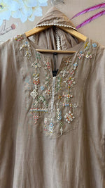 Premium Mul Chanderi embroidered suit set in chikoo colour