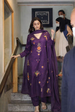 Pure cotton applique work full suit set in purple