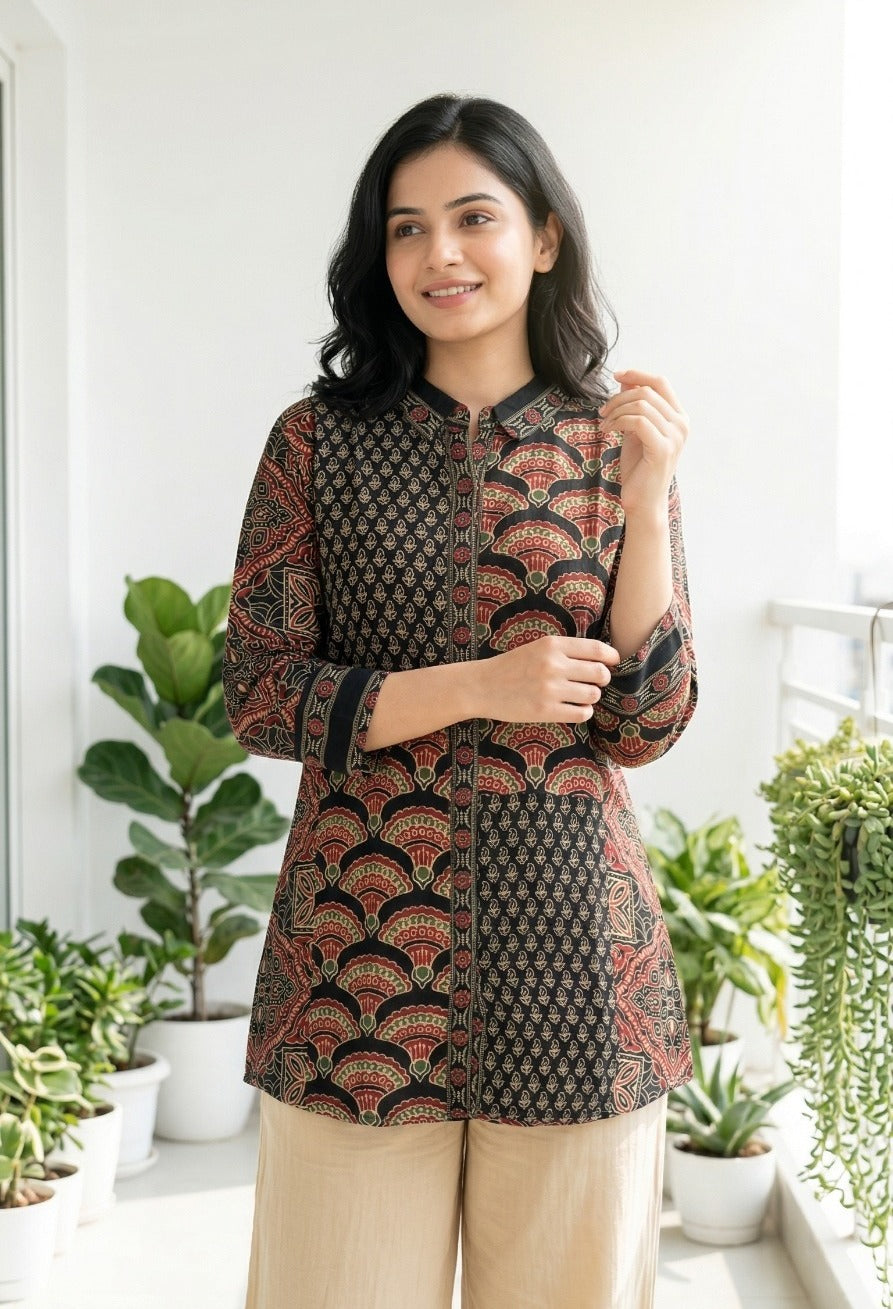 Pure Mul silk with ajrakh top