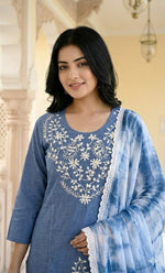 Pretty denim cotton embroidered kurta paired with stretchable embroidered pant and a Mul shibori dupatta