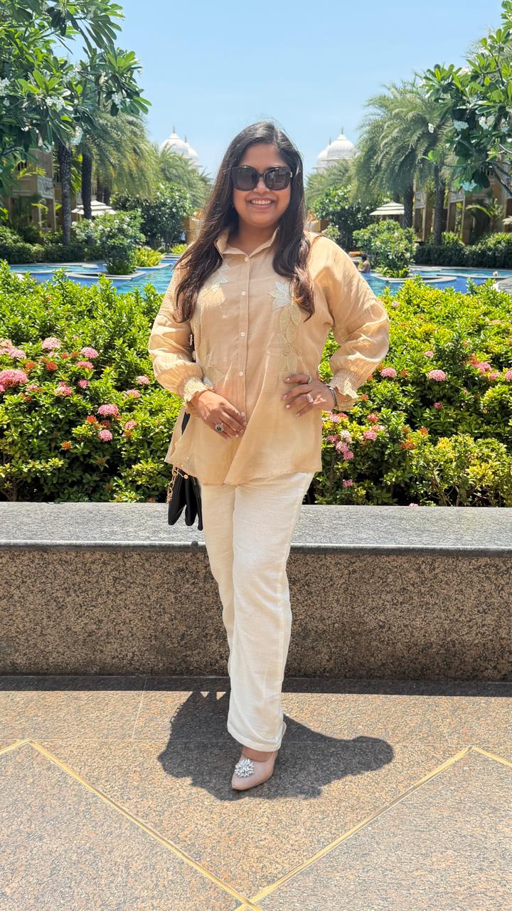 Our best selling in Pure Mul chanderi zari detailing spaghetti top with linen pants in hot selling colour