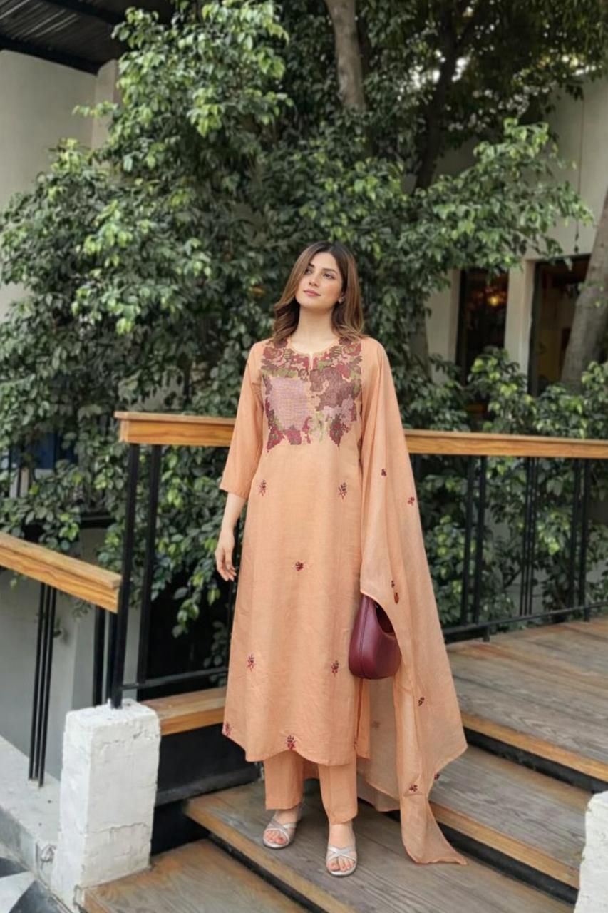 Very rich multi thread embroidery cotton suit set in peach