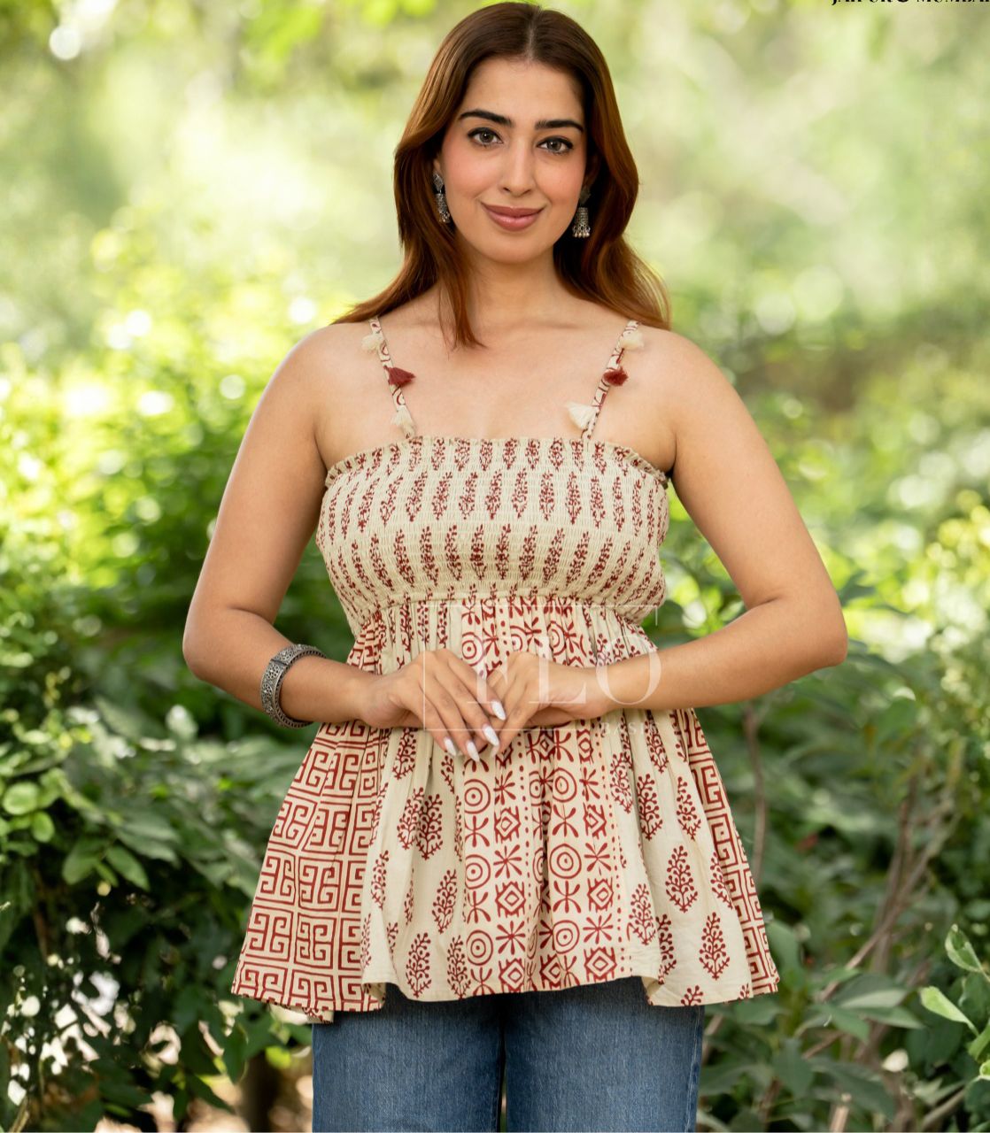 Printed cotton noodle strap peplum top