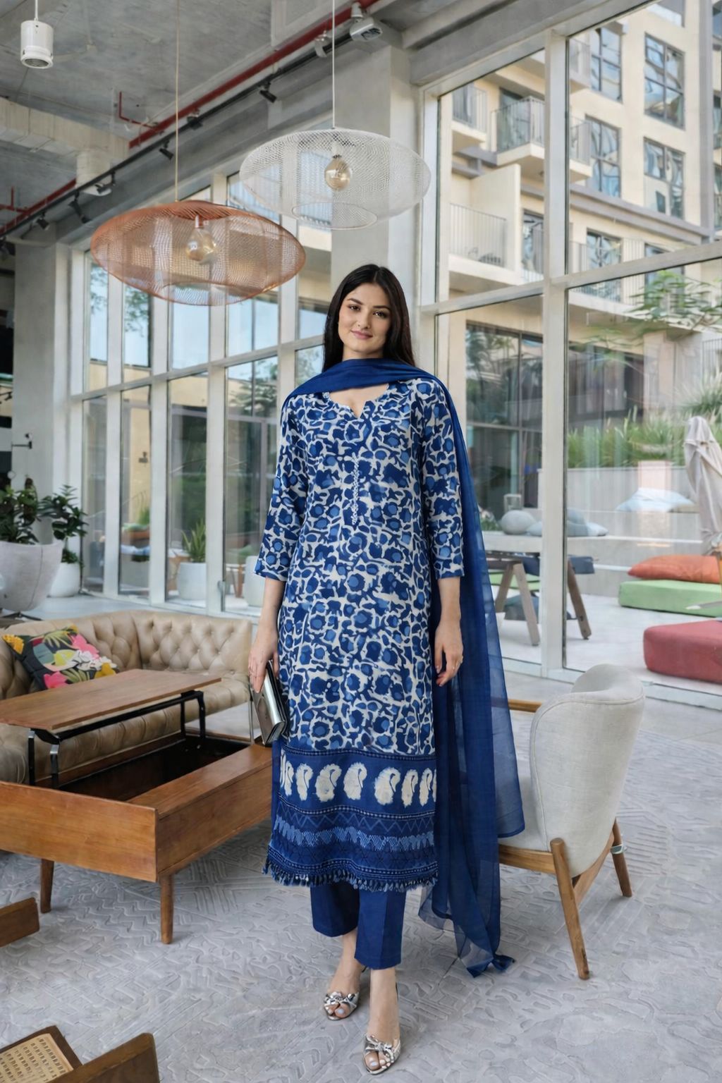 Dabbu cotton original hand block suit set with detailing on hem part in indigo blue