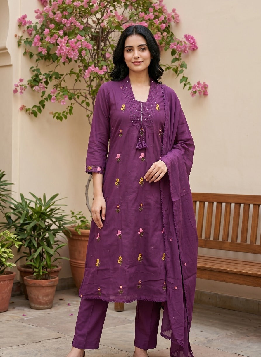Mul cotton embroidered suit set in purple