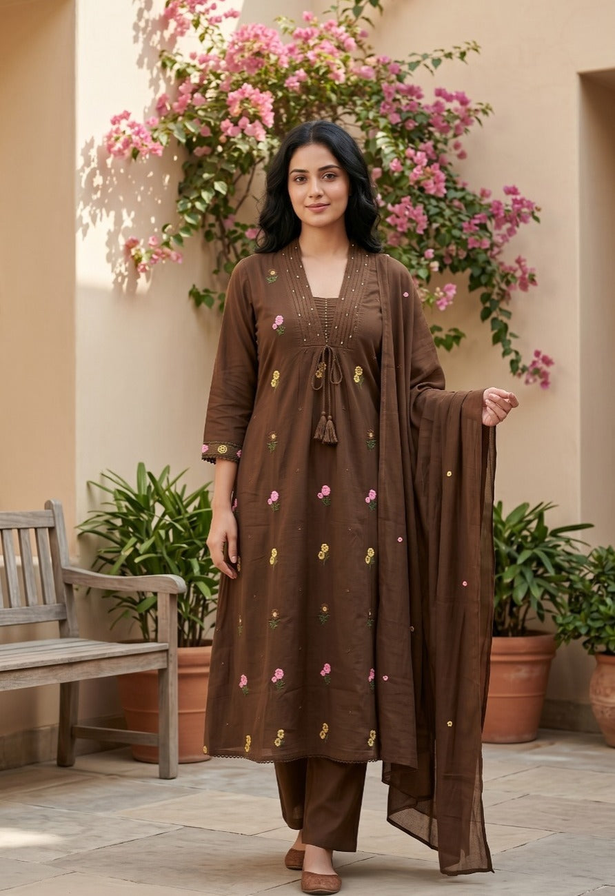 Mul cotton embroidered suit set in brown