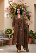 Mul cotton embroidered suit set in brown