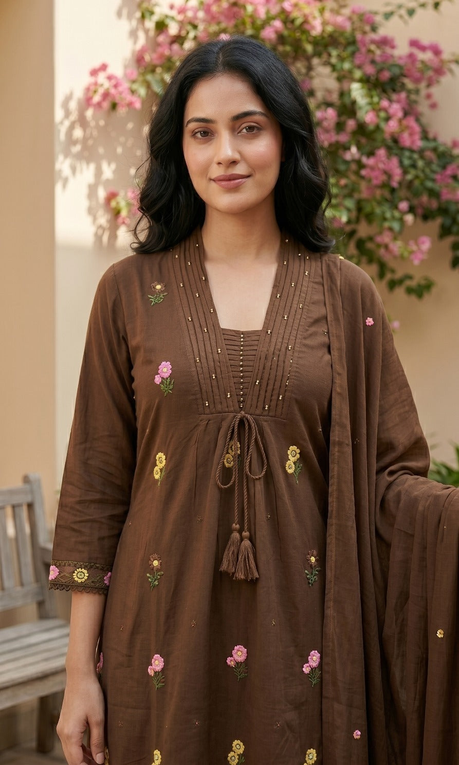 Mul cotton embroidered suit set in brown