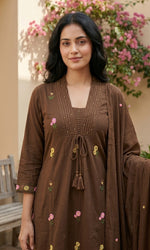 Mul cotton embroidered suit set in brown