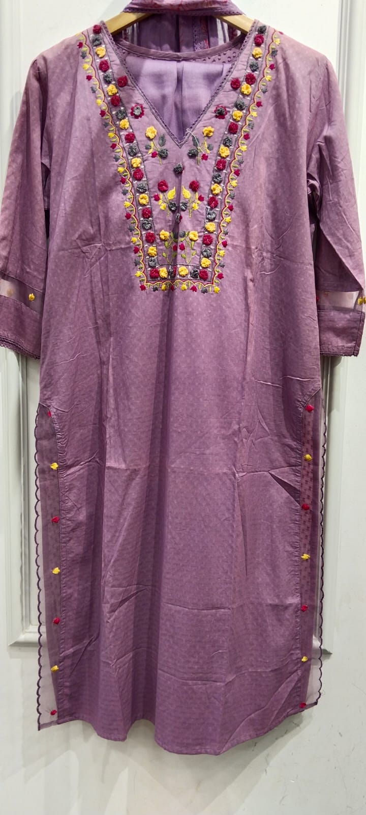 Textured cotton embroidered full suit set in purple