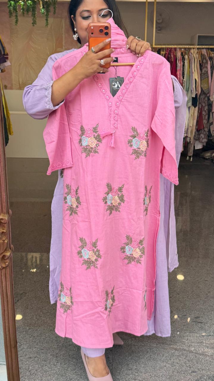 Fully embroidered cotton suit set in pink