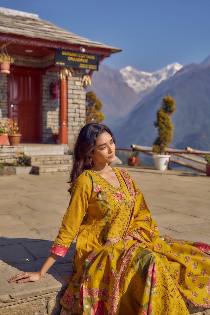 Premium cotton shifli brush painted yellow full suit in yellow dress