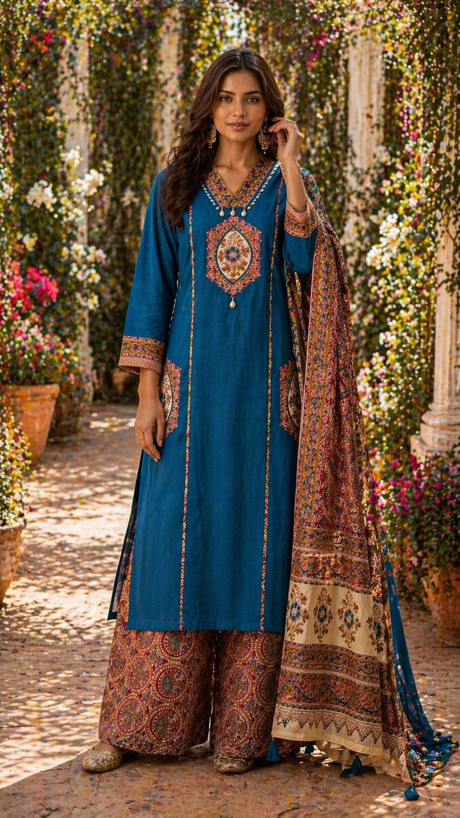Pretty Kalamkari applique work kurta with designer pocket and back paired with plazzo pant in blue