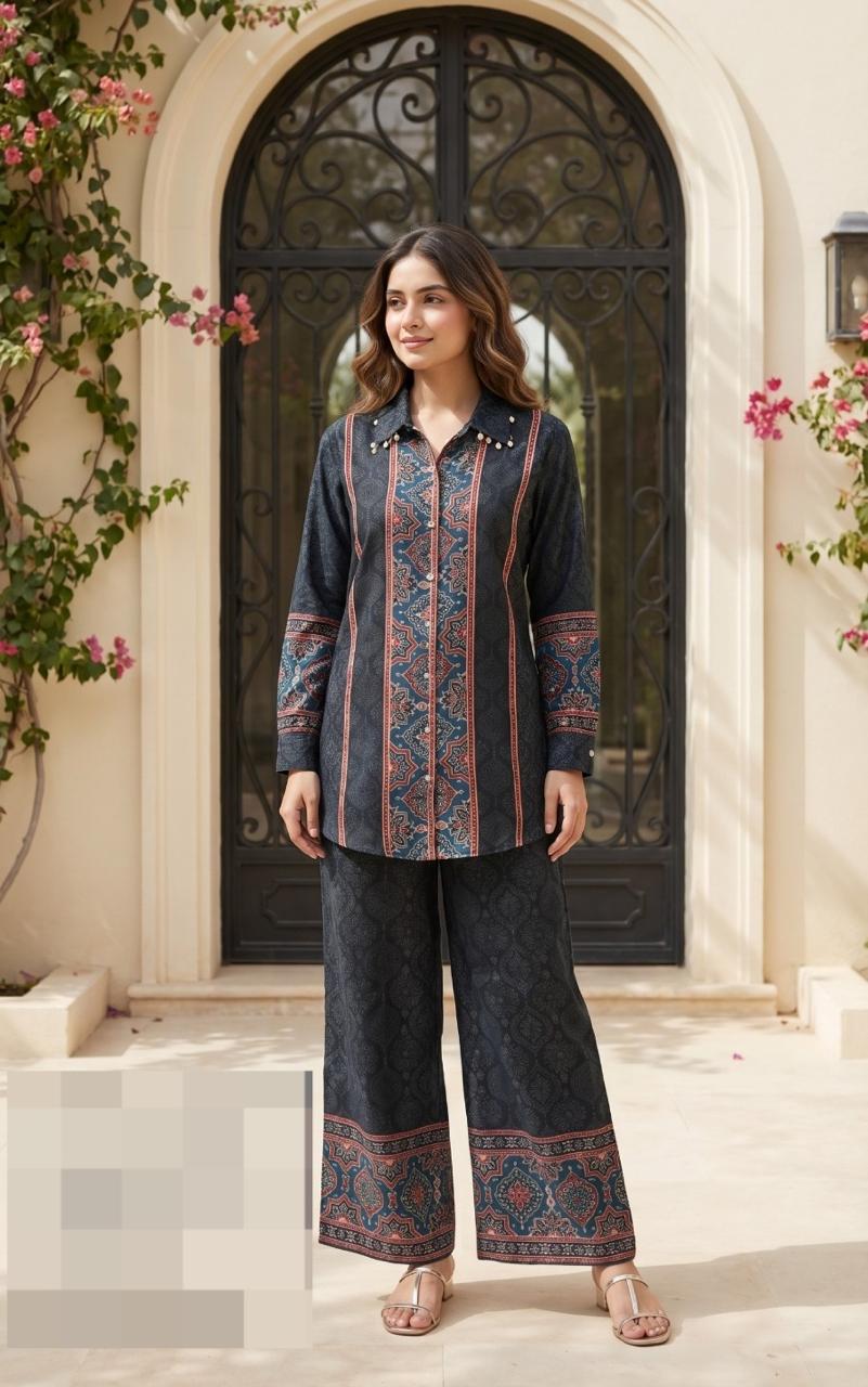 Pure Mul silk ajrakh co ord set in black