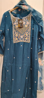 Dola silk with hand work full suit set in Rama blue with organza embalished duppata
