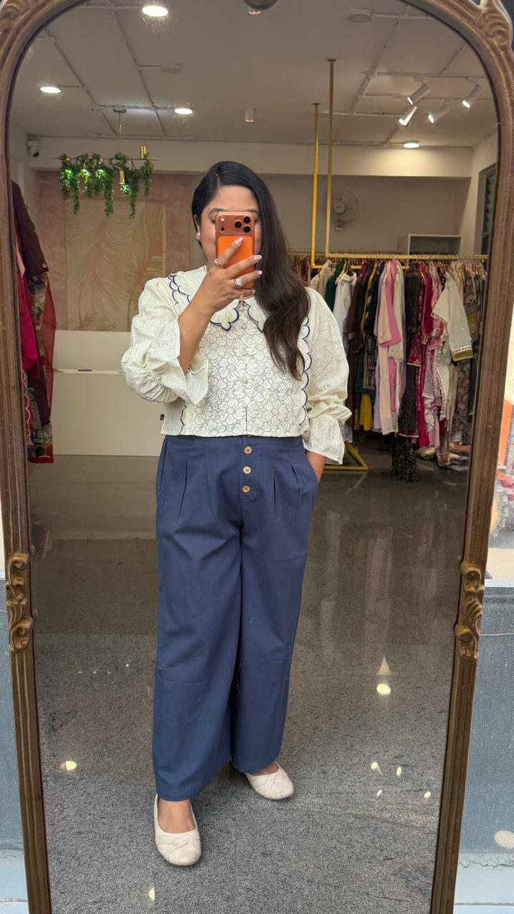 Premium cotton pants paired with super elegant textured cotton top