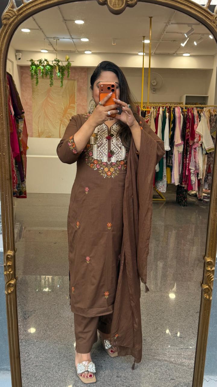 Fully embroidered pure cotton lining suit set with pockets in pant in brown