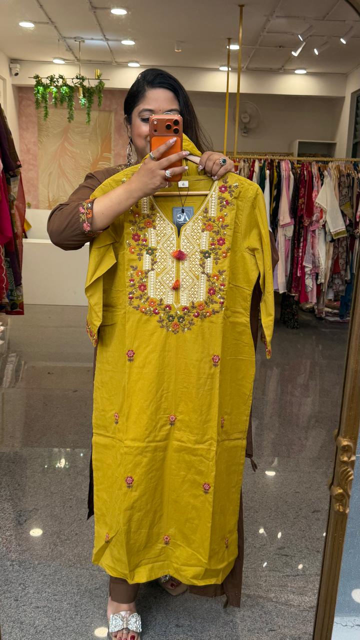 Fully embroidered pure cotton lining suit set with pockets in pant in yellow