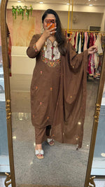 Fully embroidered pure cotton lining suit set with pockets in pant in brown