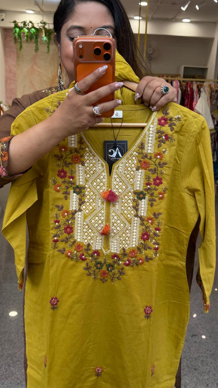 Fully embroidered pure cotton lining suit set with pockets in pant in yellow