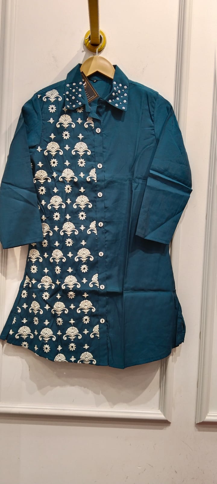 Beautiful embroidered cotton co ord set in teal blue
