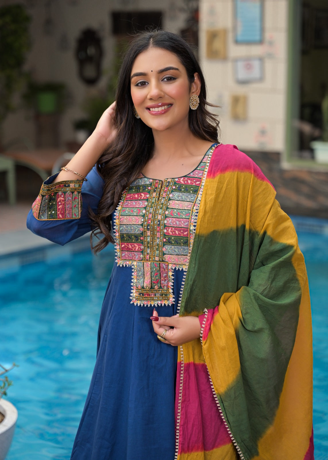 Mul Mul cotton Anarkali suit set in Blue