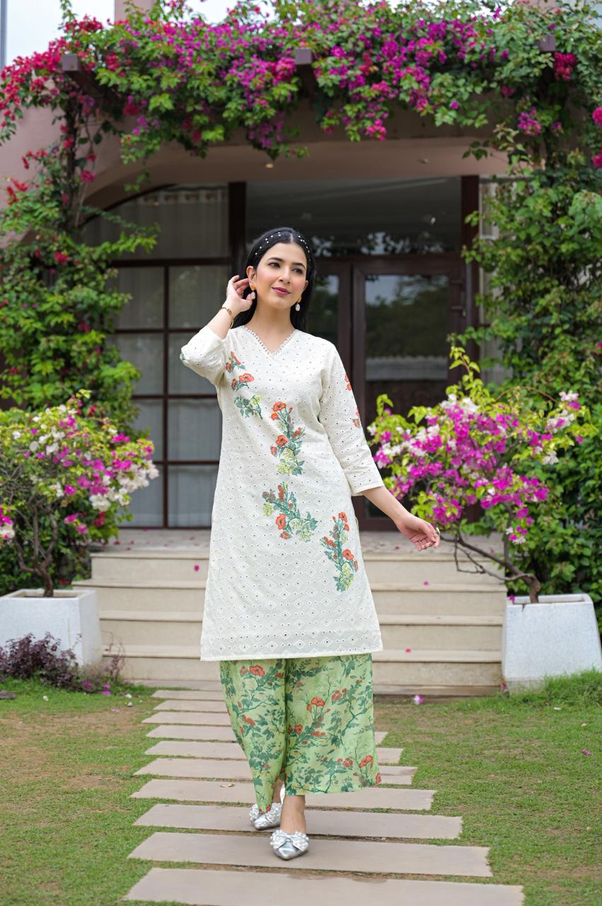 Super premium shifli cotton kurta with lining paired with plazzo pant
