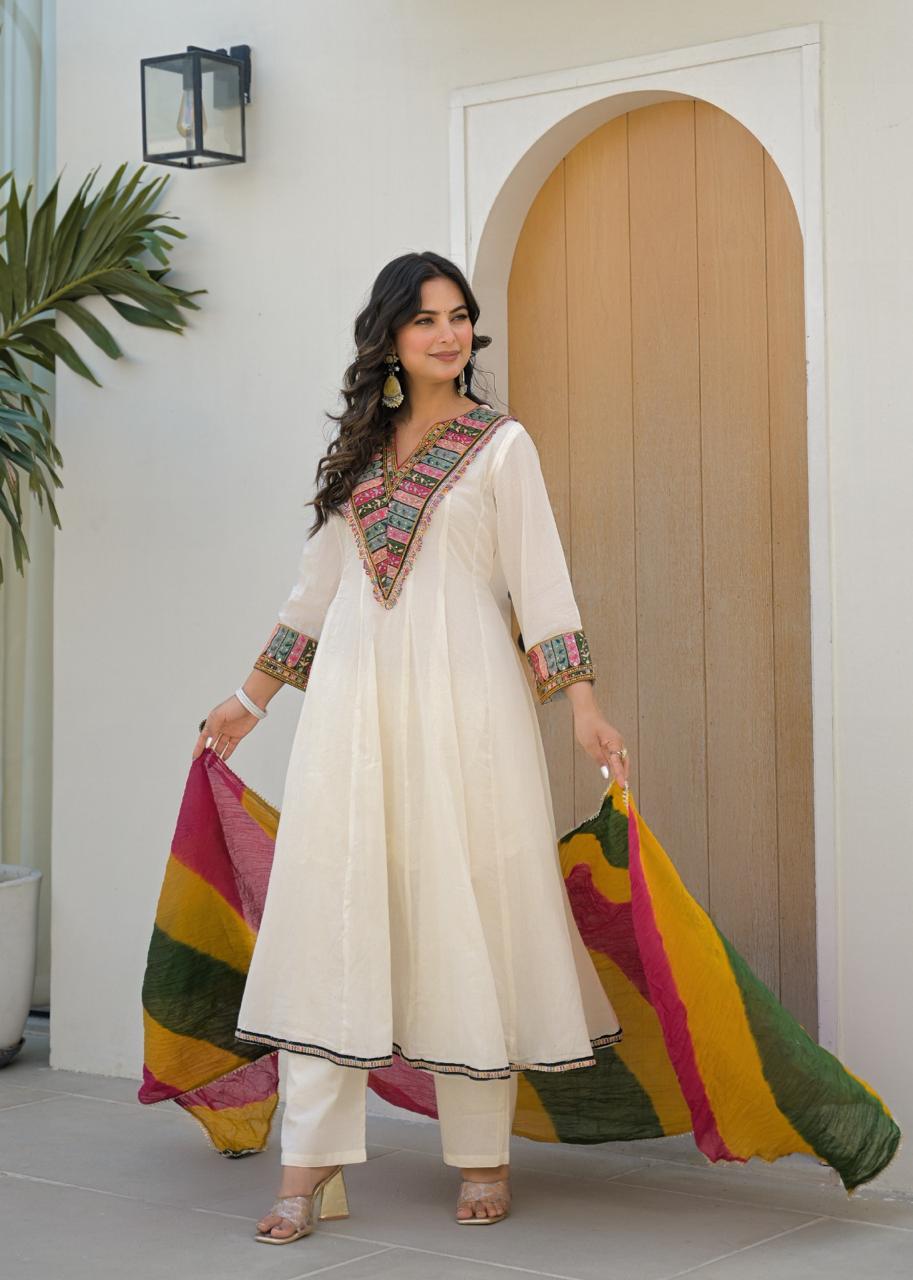 Mul Mul cotton Anarkali suit set in V neck