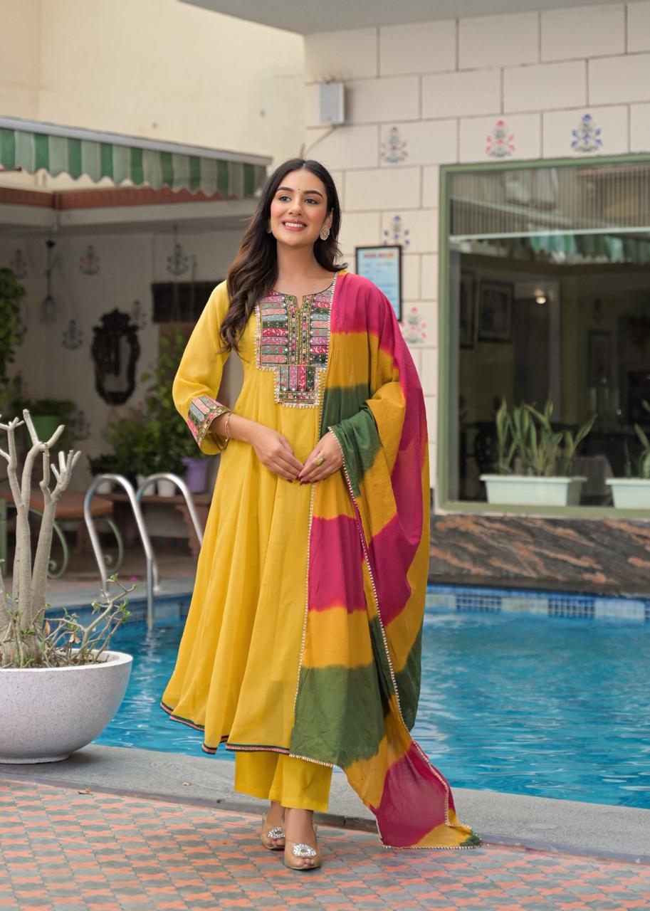 Mul Mul cotton Anarkali suit set in yellow